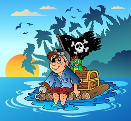 Image showing Pirate sailing on wooden raft