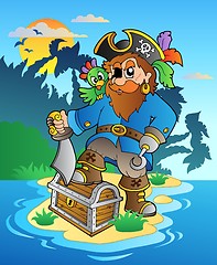 Image showing Pirate standing on chest on island