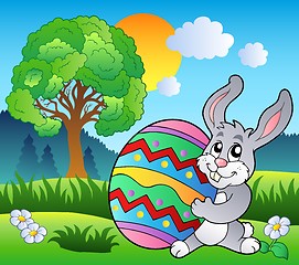 Image showing Meadow with tree and Easter bunny