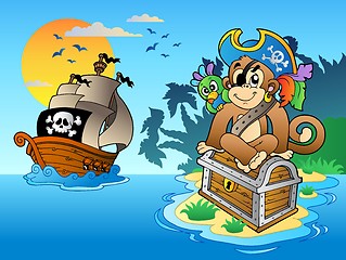 Image showing Pirate monkey and chest on island