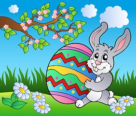 Image showing Spring meadow with bunny and egg