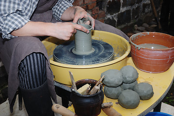 Image showing potter's wheel and hands of craftsman