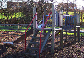 Image showing wooden climbing frame with bark as a ground base