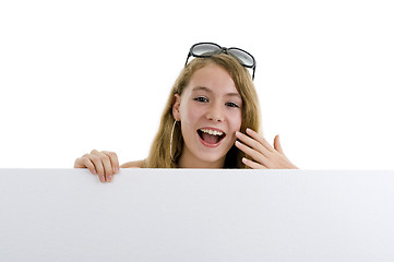 Image showing blond girl with blank display board