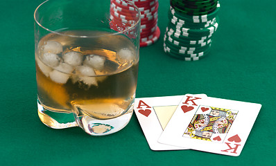 Image showing Counters of a card and a glass of whisky.