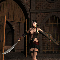 Image showing Young female fighter in the Courtyard