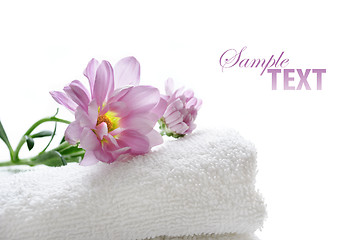 Image showing Clean towel with fresh flowers 