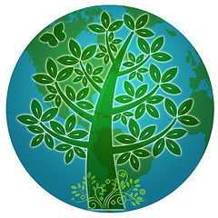 Image showing Blue Planet with Abstract Eco Tree Silhouette