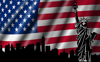 Image showing USA American Flag with Statue of Liberty Skyline Silhouette