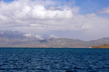 Image showing Landscape of blue lake and snow mountains