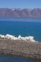 Image showing Landscape of blue lake and snow covered mountains