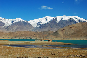 Image showing Landscape of snow mountains and blue lake