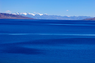 Image showing Landscape of blue lake and snow covered mountains