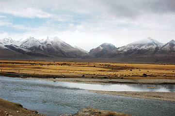 Image showing Landscape of snow mountains and stream