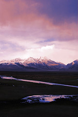 Image showing Landscape of snow mountains and stream