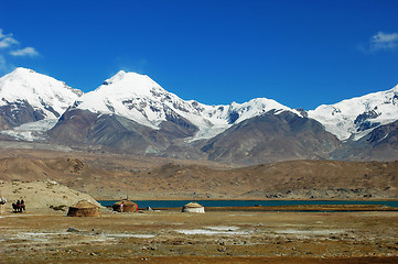 Image showing Landscape of snow mountains and blue lake