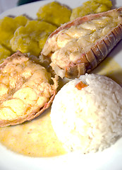 Image showing lobster central american style with tostones rice