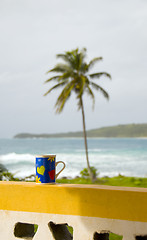 Image showing colorful coffe cup over Caribbean Sea view Nicaragua