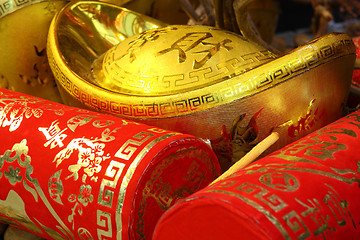 Image showing Chinese new year ornament--Gold ingots,firecrackers