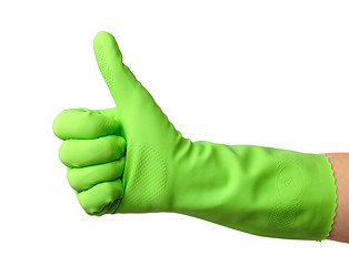 Image showing Hand wearing rubber glove shows thumb up sign