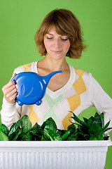 Image showing girl watering flowers 