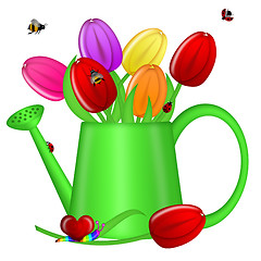 Image showing Watering Can with Spring Tulip Flowers