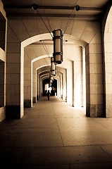 Image showing Curving Colonnade Tunnel of Federal building  