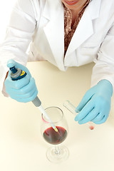 Image showing Scientist using pipette to take sample