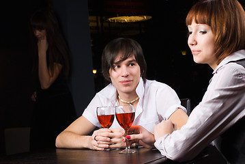 Image showing Dating in cafe with red wine