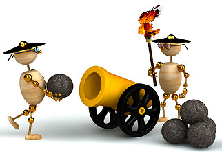 Image showing 3d wood mans with a gold cannon