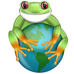 Image showing Red-Eyed Green Tree Frog Hugging Planet Earth