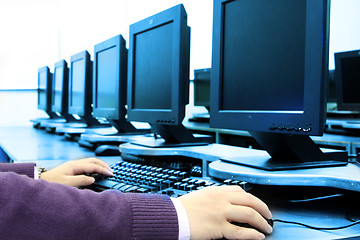 Image showing Close-up of secretary¡¦s hand touching computer keys during work