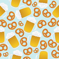 Image showing Beer mugs and pretzels