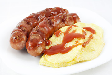 Image showing Fried sausages and potatoes