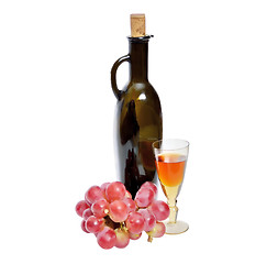 Image showing Bottle and glass of wine, grape bunch on white background