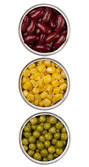 Image showing canned beans, peas and maize in metal cans