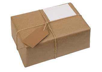 Image showing brown paper package tied with string and  label 