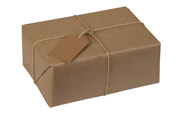 Image showing brown paper package tied with string and  label 