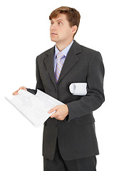 Image showing Engineer holding drawing on white background