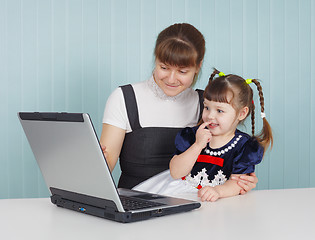 Image showing Mother and child playing with laptop