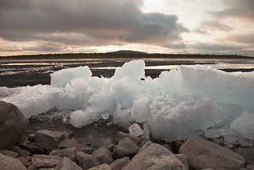 Image showing Ice thaws on bank of lake