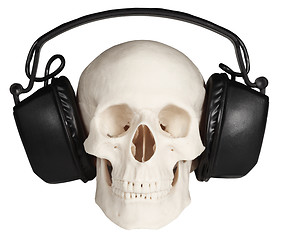 Image showing Human skull with music headphones on white background