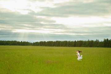 Image showing Little girl in dress runs on meadow