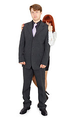 Image showing Woman hiding behind man isolated on white