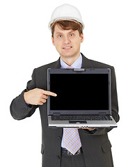 Image showing Construction superintendent shows project on computer screen