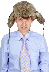 Image showing Funny guy in russian earflaps and tie