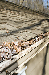 Image showing house gutter filled with leaves autumn
