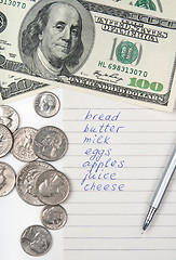 Image showing Shopping list, money and pen