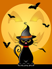 Image showing Halloween Cat with Witches Hat by Jack O Lantern Moon