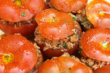 Image showing Oven ready Greek stuffed tomatoes (domades gemista me kimi)